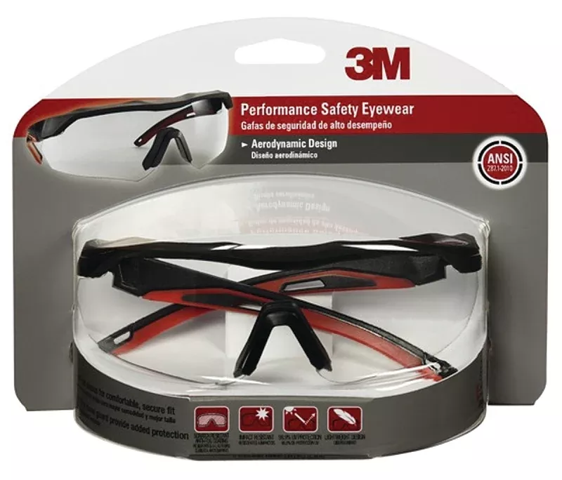 3M 47090-WZ4 Safety Glasses, Clear Lens, Black/Red Frame, Anti-Fog, Anti-Scratch Lens, Wraparound Frame