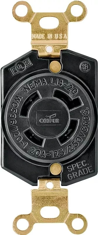 Arrow Hart L1420R Single Receptacle, Flush Mounting, 3-Pole, 125/250 V, 20 A, Back and Side Wiring, Black