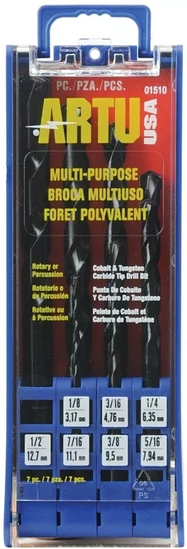 ARTU The Original 01510 Drill Bit Set, Multi-Purpose, 7-Piece, Cobalt/Tungsten Carbide