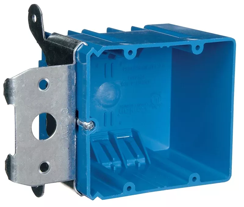 Carlon B234ADJ Outlet Box, 2-Gang, PVC, Blue, Bracket