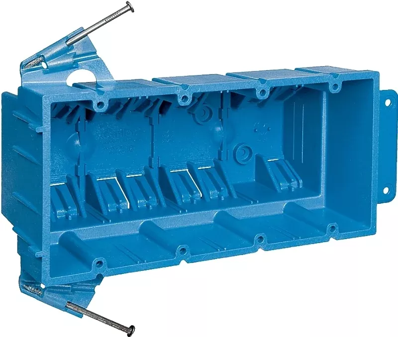 Carlon BH464A Outlet Box, 4-Gang, PVC, Blue, Nail Mounting