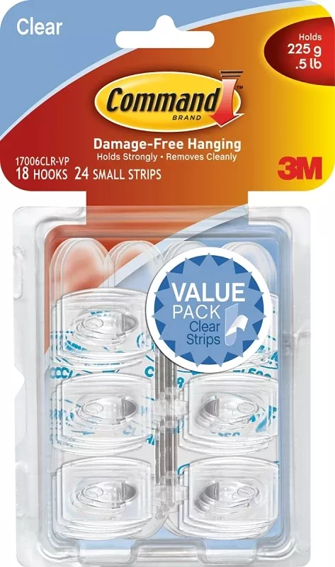 Command 17006CLR-VP Adhesive Hook, 0.5 lb, 18 -Hook, Plastic, Clear, Pack of 4