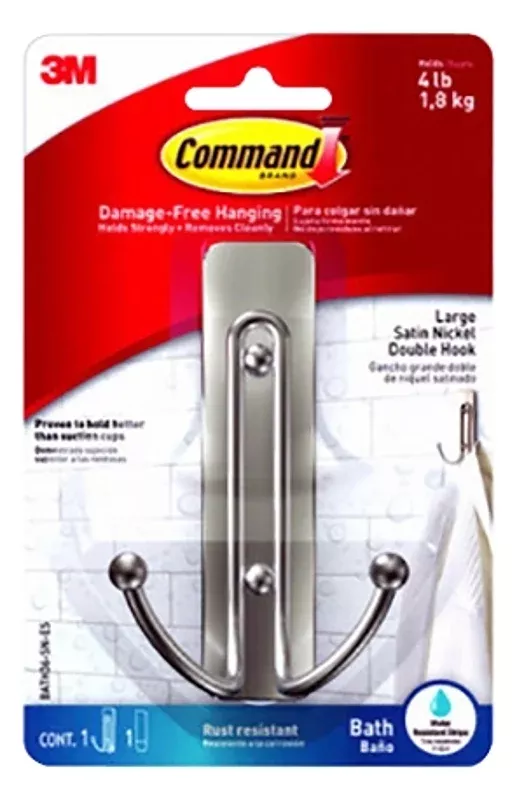 Command BATH36-SN-ES Large Double Bath Hook, 4 lb, 1-Hook, Metal/Plastic, Satin Nickel