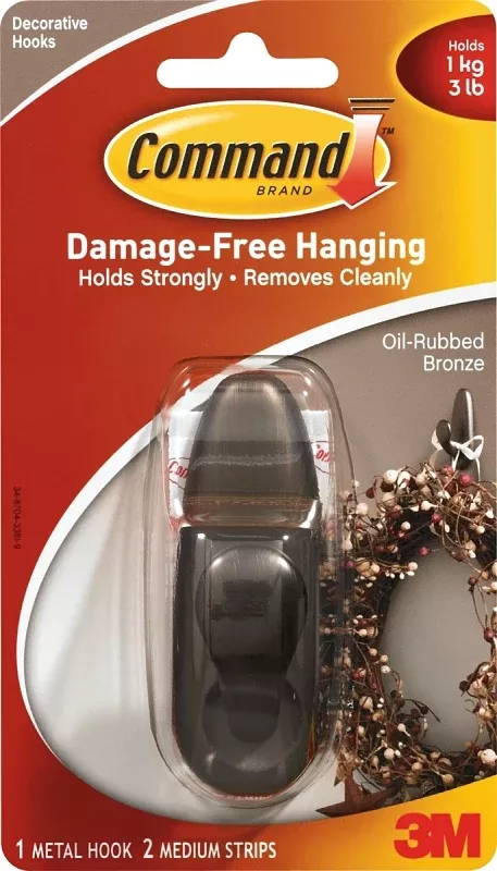 Command Forever Classic Series FC12-ORB Decorative Hook, 11/16 in Opening, 3 lb, 1 -Hook, Metal, Oil-Rubbed Bronze