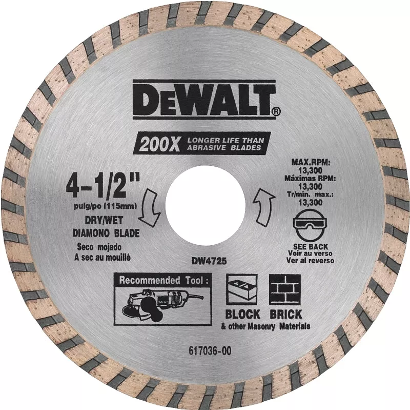 DEWALT DW4725 Circular Blade, 4-1/2 in Dia, 7/8 in Arbor, Diamond Cutting Edge