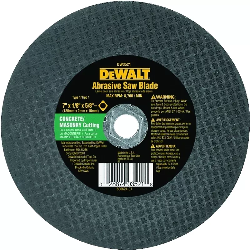 DEWALT High Performance Series DW3521 Abrasive Saw Blade, 7 in Dia, 5/8 in Arbor, Aluminum Oxide Cutting Edge, Pack of 25