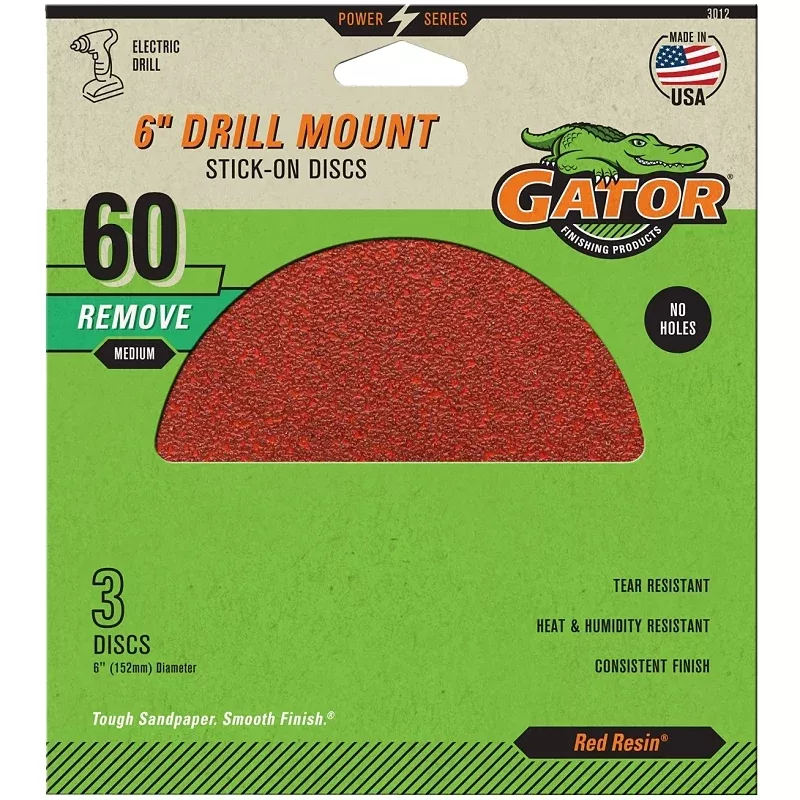 Gator 3012 Sanding Disc, 6 in Dia, 60 Grit, Coarse, Aluminum Oxide Abrasive, Paper Backing