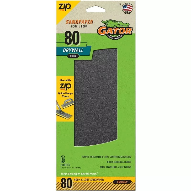 Gator Zip 7156 Sanding Sheet, 10-1/2 in L, 4-1/2 in W, 80 Grit, Medium, Silicon Carbide Abrasive