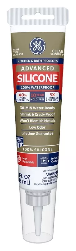 GE Advanced Silicone 2 2812563 Kitchen & Bath Sealant, Clear, 24 hr Curing, 2.8 fl-oz Squeeze Tube