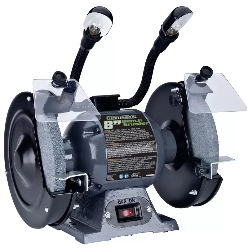Genesis GBG800L Bench Grinder with Light, 120 V, 5/8 in Arbor/Spindle, 8 in Dia Wheel, 3550 rpm Speed