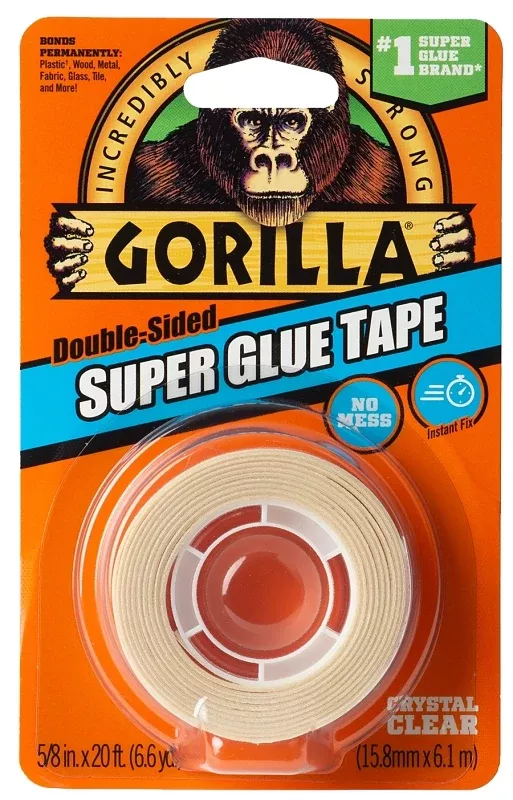 Gorilla 109340 Super Glue Tape, 20 ft L, 5/8 in W, Crystal Clear