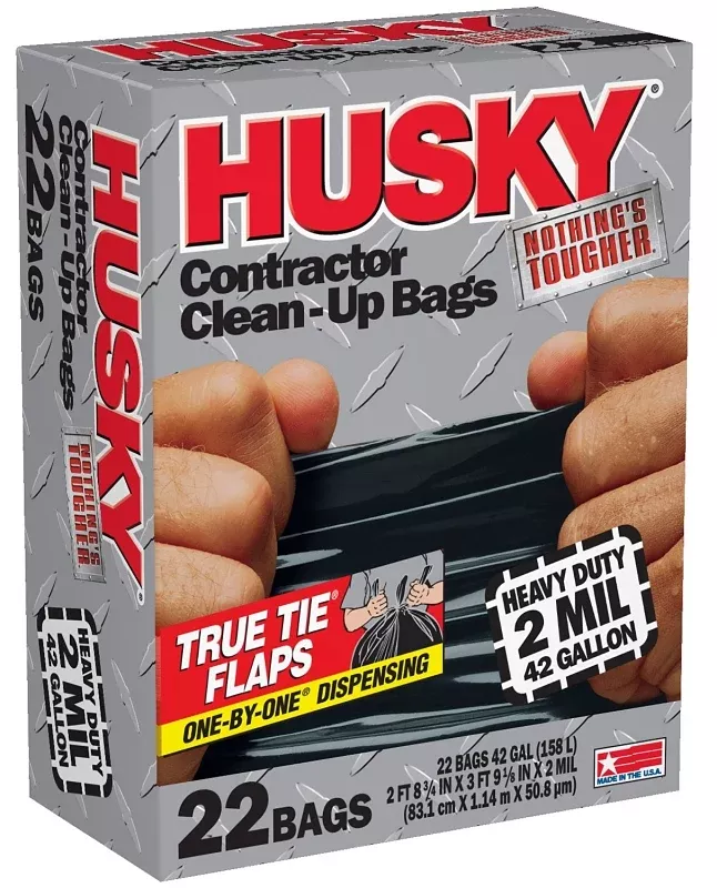Husky HKR42WC022B Contractor Clean-Up Bag, 42 gal, Poly, Black