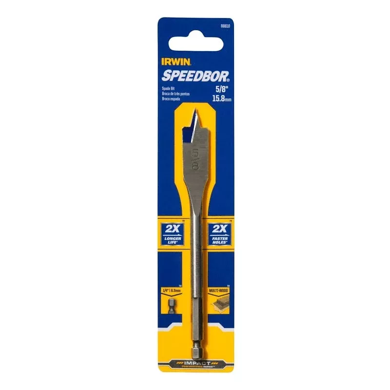 Irwin SPEEDBOR 88810 Spade Drill Bit, 5/8 in Dia, 6 in OAL, Standard Length, Flat Flute, 1/4 in Dia Shank, Hex Shank
