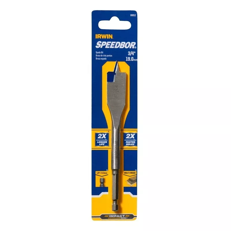 Irwin SPEEDBOR 88812 Spade Drill Bit, 3/4 in Dia, 6 in OAL, Standard Length, Flat Flute, 1/4 in Dia Shank, Hex Shank
