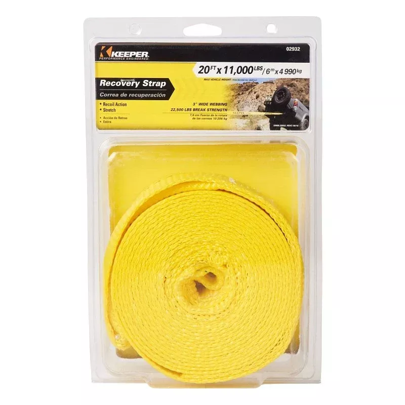 Keeper 02932 Recovery Strap, 22,500 lb, 3 in W, 20 ft L, Hook End, Yellow