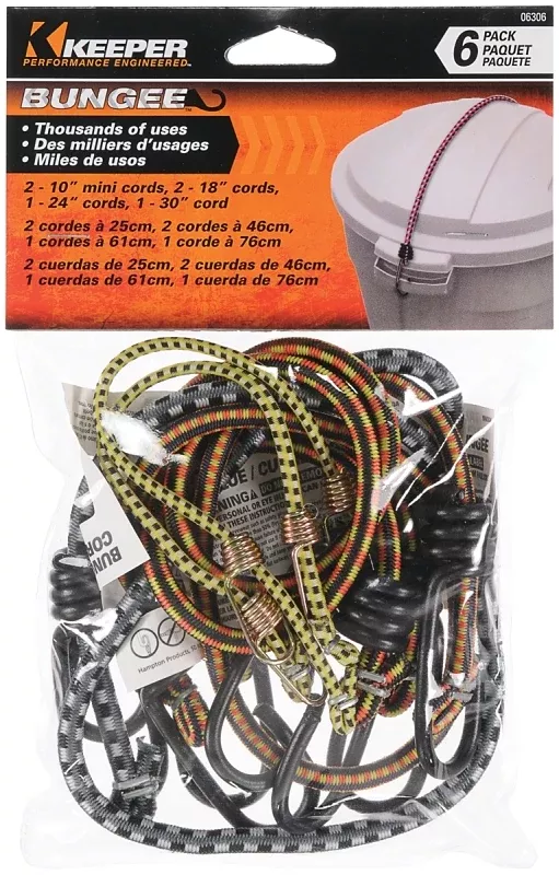 Keeper 06306 Bungee Cord, Steel End, Rubber, Hook End, 6/PK, Pack of 6