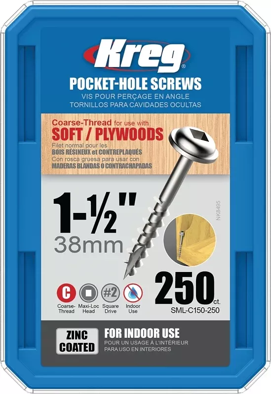 Kreg SML-C150-250 Pocket-Hole Screw, #8 Thread, 1-1/2 in L, Coarse Thread, Square Drive, Carbon Steel, 250/PK
