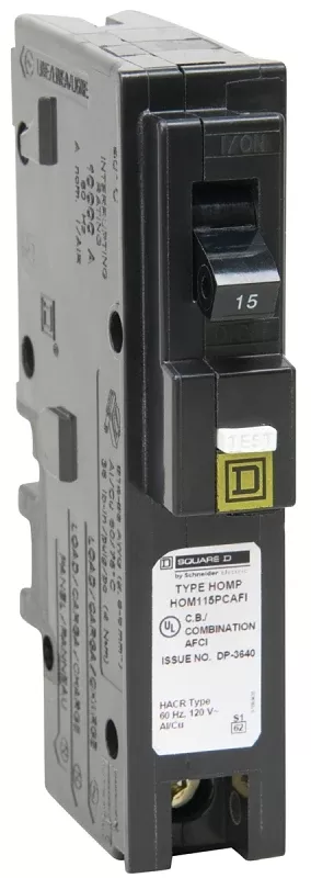 Square D HOM115PCAFIC Circuit Breaker, CAFCI, Mini, 15 A, Plug, 1-Pole, 120 V