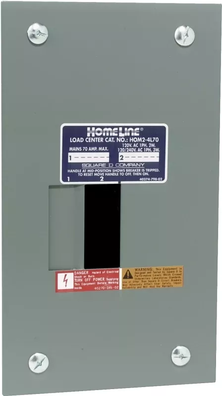Square D Homeline HOM24L70FCP Load Center, 70 A, 2-Space, 4-Circuit, Main Lug, NEMA 1 Enclosure, Plug, Gray