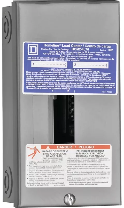 Square D Homeline HOM24L70SCP Load Center, 70 A, 2-Space, 4-Circuit, Main Lug, NEMA 1 Enclosure, Gray, Plug