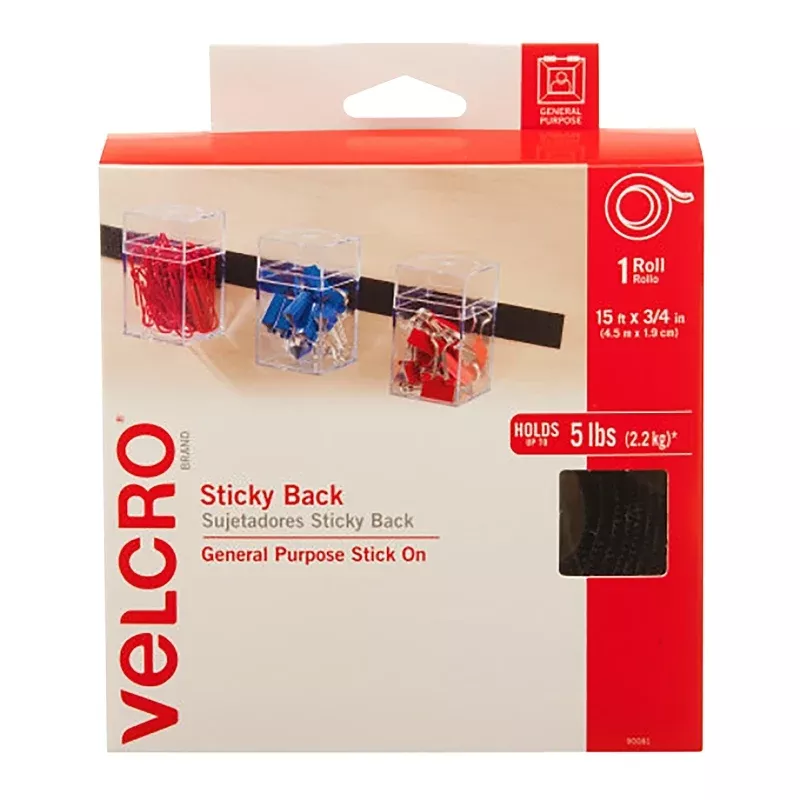 VELCRO Brand 90081 Hook and Loop Fastener, 3/4 in W, 15 ft L, Nylon, Black, Rubber Adhesive