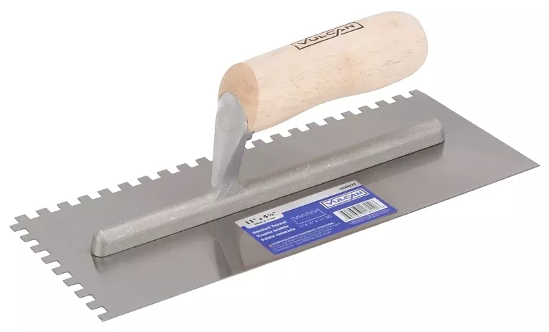 Vulcan 16110 Trowel, 4-1/2 in W Blade, Notched Blade, HCS Blade, Wood Handle, Camel Back Handle, 11 in OAL, Silver