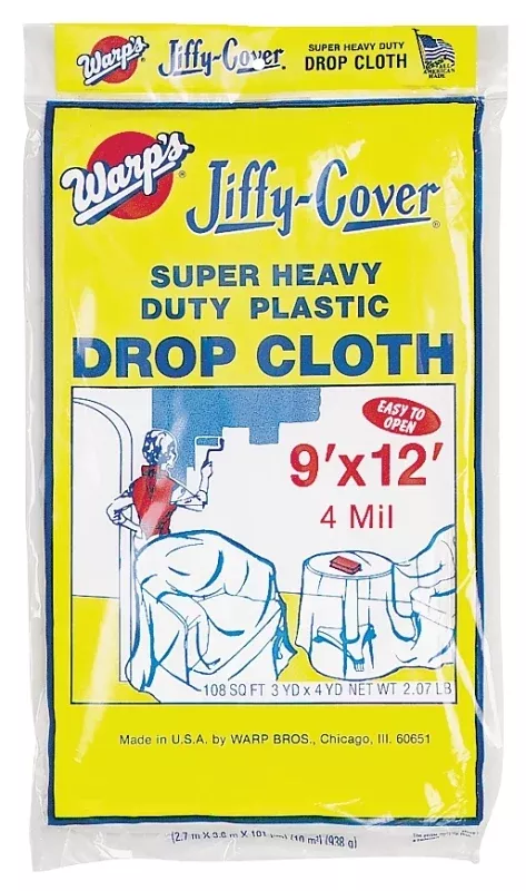 Warp's 4JC-912 Drop Cloth, 12 ft L, 9 ft W, 4 mil Thick, Plastic, Clear